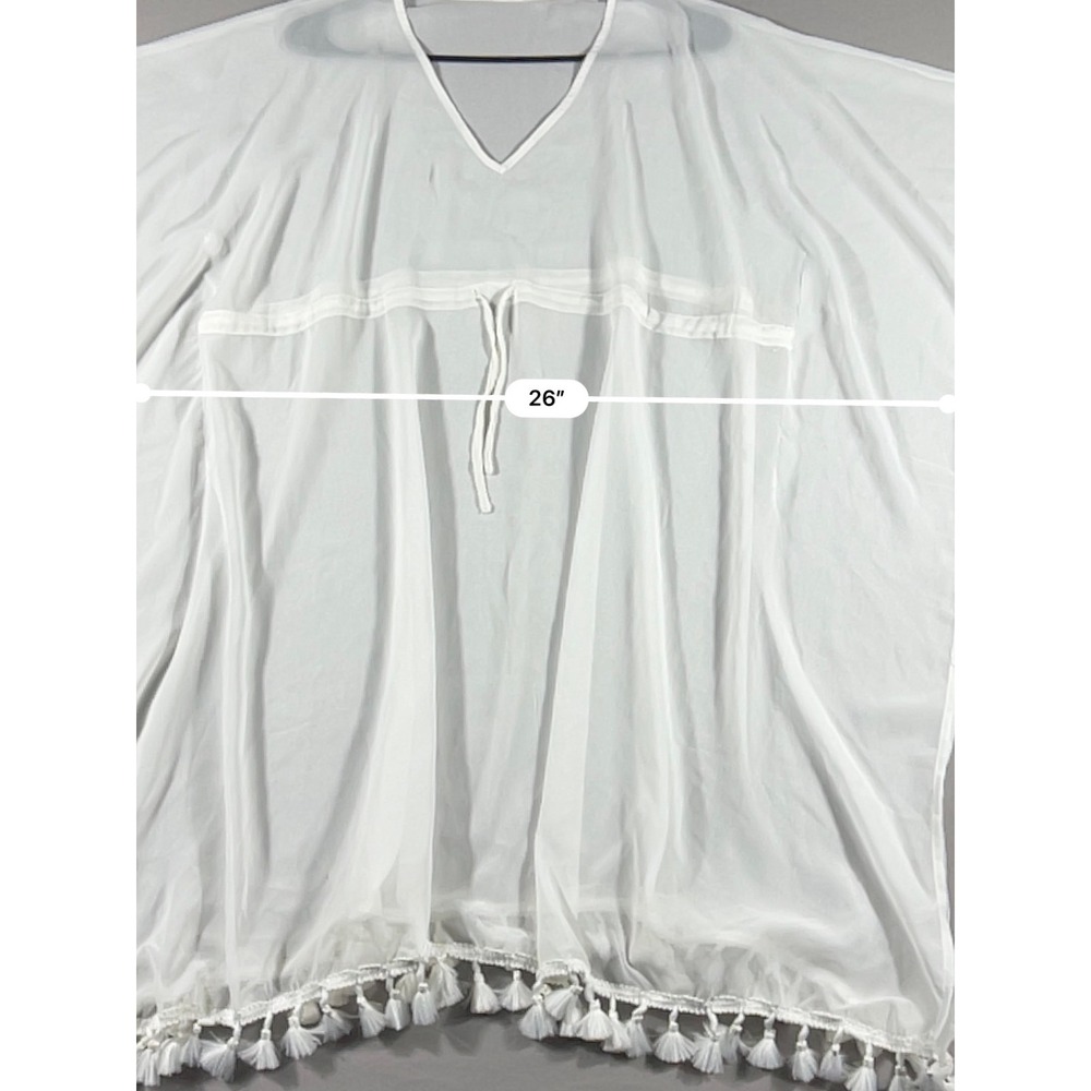 Tavik Women White Sheer Tassel Kaftan Beach Swim Cover Up V-Neck Drawstring OS - Picture 5 of 8
